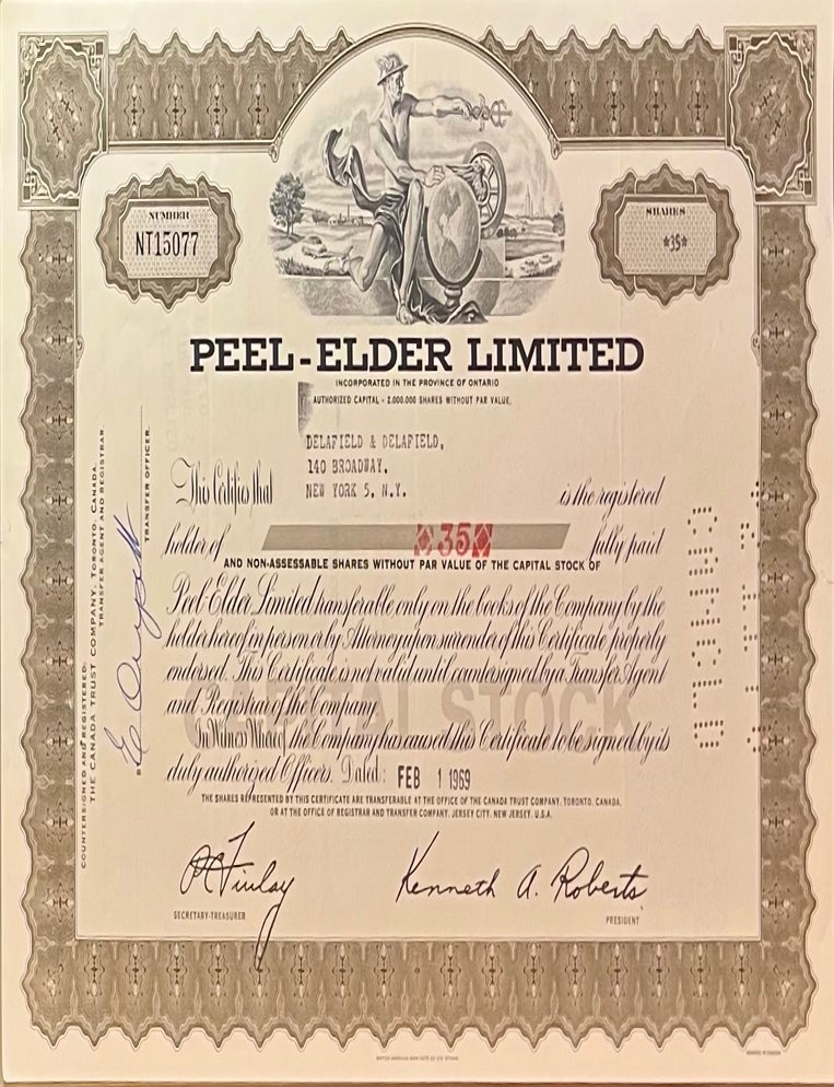 Item #122202515 Peer-Elder Limited Certificate for Thirty-Five [35] Shares of Capital Stock. Peer-Elder Limited.