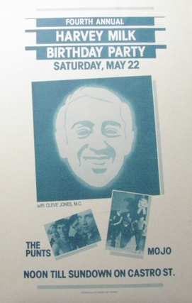 Item #122230 Original 1982 Harvey Milk Birthday Party Event Poster. Cleve Jones, Art Mainar, San...