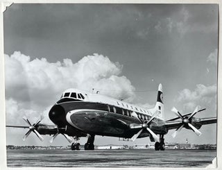 Item #227244 1960s Glossy Black and White Photo of a Lufthansa Vickers V-814 Vicount Jetliner....