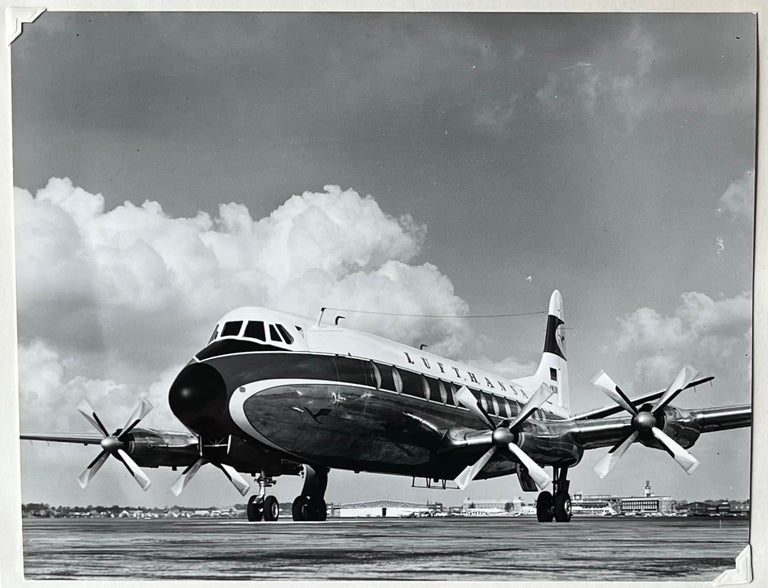 Item #227244 1960s Glossy Black and White Photo of a Lufthansa Vickers V-814 Vicount Jetliner. Lufthansa Airlines.