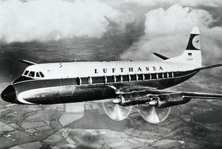 Item #227245 1960s Glossy Black and White Photo of a Lufthansa Vickers V-814 Vicount Jetliner In...