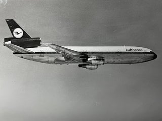 Item #227254 1970s Glossy Black and White Photo of a Lufthansa Boeing 737 "City Jet" In Flight....