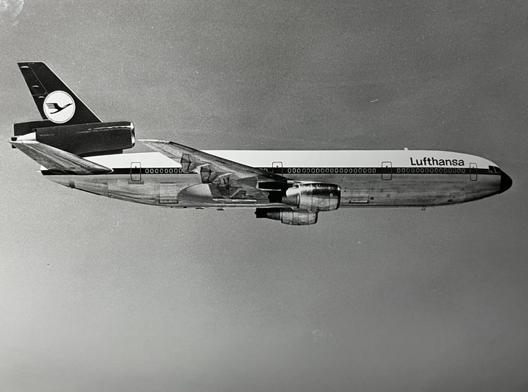 Item #227254 1970s Glossy Black and White Photo of a Lufthansa Boeing 737 "City Jet" In Flight. Lufthansa Airlines.