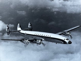 Item #227257 1970s Glossy Black and White Photo of a Lufthansa Lockheed Starliner L-1649 A In...