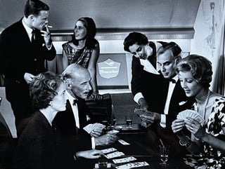 Item #227260 1960s Glossy Black and White Photo of Seven First Class Passengers Smoking, Drinking...