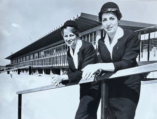 Item #227268 1960s Glossy Black and White Photo of Two Lufthansa Flight Attendants. Lufthansa...