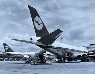 Item #227270 1980s Glossy Black and White Photo of a Lufthansa Boeing 747-30 In-Flight. Lufthansa...