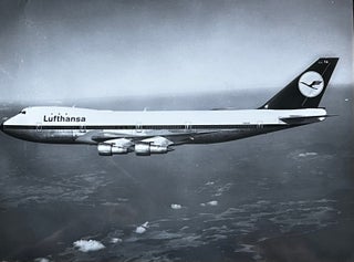 Item #227271 1970s Glossy Black and White Photo of a Lufthansa Boeing 747-30. Lufthansa Airlines