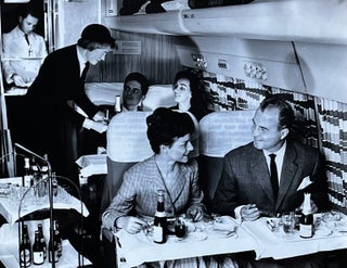 Item #227272 1970s Glossy Black and White Photo of Lufthansa First Class Passengers Enjoying an...