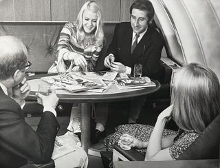 Item #227275 1970s Glossy Black and White Photo of First Class Passengers Relaxing on a Lufthansa...