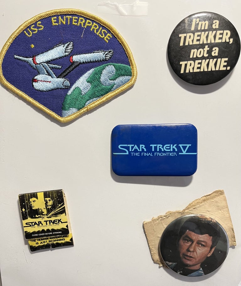 Item #300050 A Star Trek Ephemera Grouping. Cards pins and stamps.