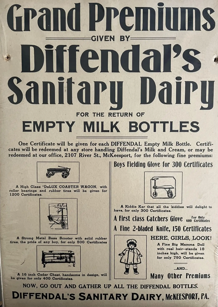 Item #300208 An Early Recycling Poster for Diffendal's Sanitary Dairy of McKeesport, PA. Diffendal's.