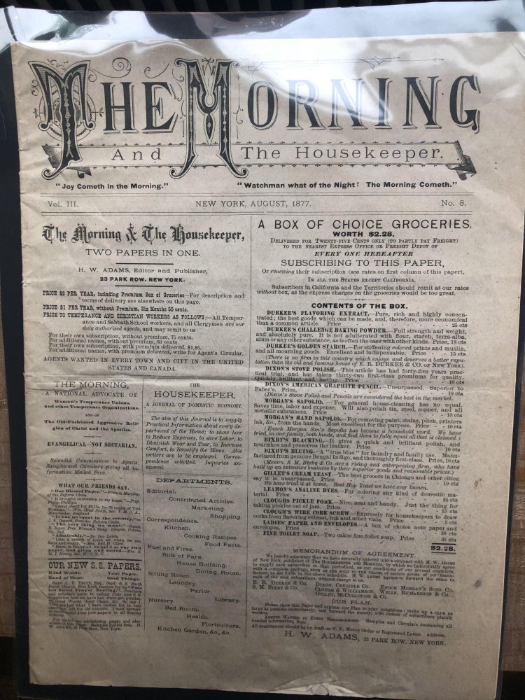 Item #300236 A Full Issue of the The Morning and Housekeeper Newspaper. Vol. 3 No. 8 August 1877.