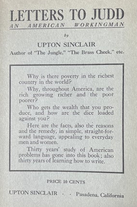 Item #300405 Letters to Judd, An American Workingman. Upton Sinclair