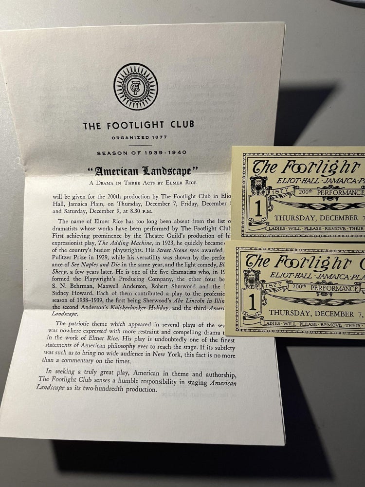 Item #300544 The Footlight Club Announcement of the Production of American Landscape along with Two Tickets. The Footlight Club.
