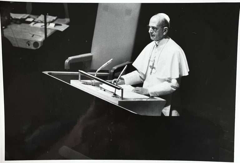Item #318237 Glossy Black and White Photo of Pope Paul VI Speaking at the United Nations on October 4, 1965.