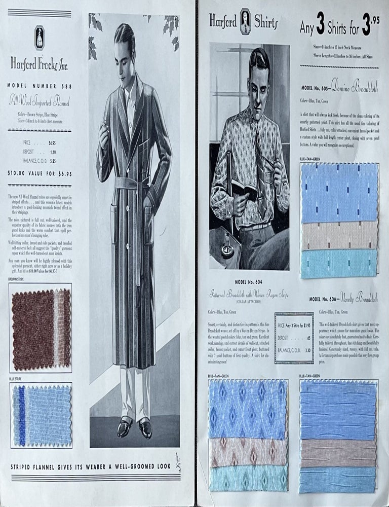 Item #3923 Seven [7] Depression-Era Harford Shirts Sales Cards/Design Plates with Intact Fabric Samples. Inc Harford Frocks.