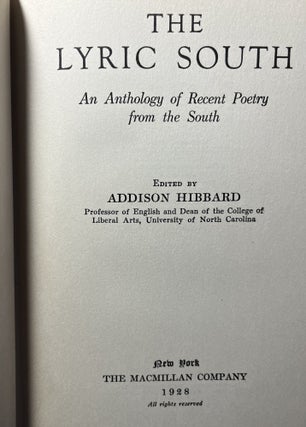 The Lyric South. An Anthology of Recent Poetry from the South. Edited by Addison Hibbard.