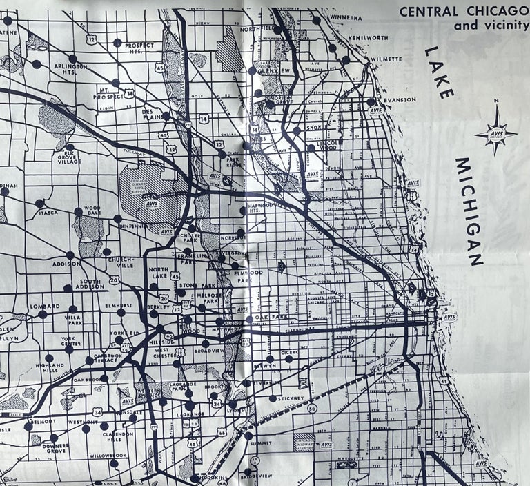 Item #504262 Map of Chicago and Vicinity/Guide to restaurants and Motels. Avis Rent-A-Car.