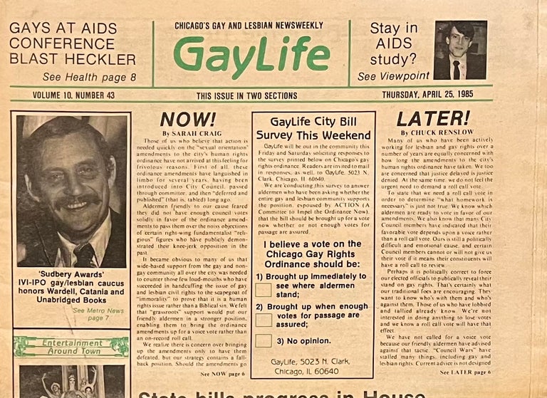 Item #521233 Chicago's Gay Life, Volume 10, Number 43, April 25, 1985. Publisher Chuck Renslow.