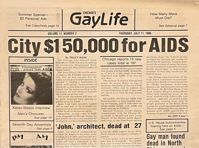 Item #521243 Chicago's Gay Life, Volume 11, Number 2, July 11, 1985. Publisher Chuck Renslow.