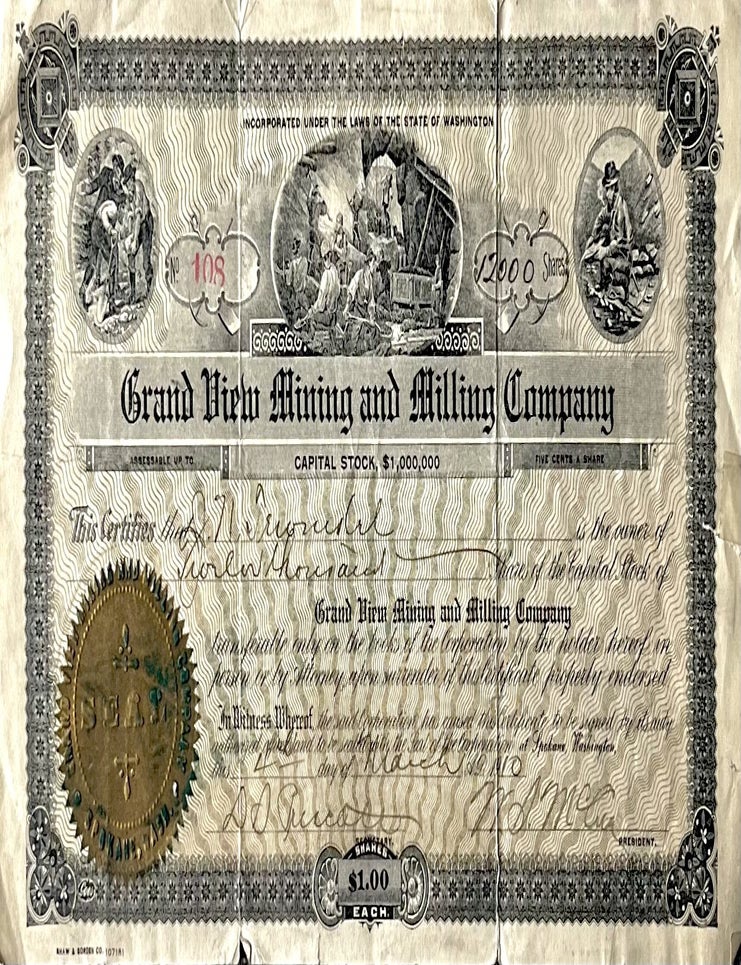 Item #528202513 Grand View Mining and Milling Company 1910 Certificate for Twelve Thousand [12,000] Shares of Capital Stock. Grand View Mining, Milling Company.