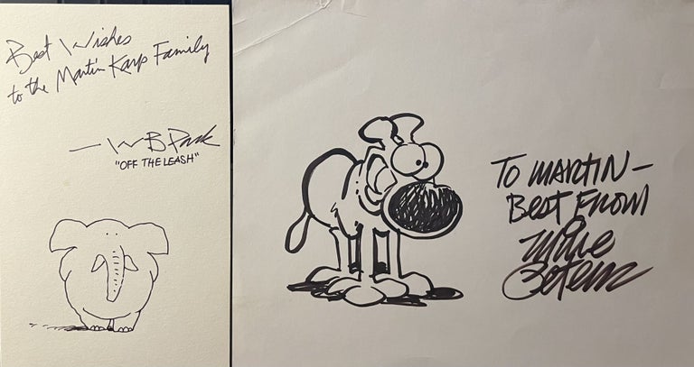 Item #7000542 A Grouping of Four [4] Original Hand Drawn Birthday Greetings from Four Well-Known 1980's Era Washington D.C. Political Cartoonists. Jim Borgman Tom Engelhardt, W. B. Park, Mike Peters.