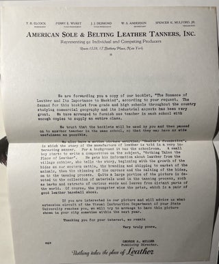 A Grouping of Three [3] 1924 Items from American Sole & Belting Leather Tanners, Inc. including a Trade Catalogue Entitled "Nothing Takes the Place of Leather: A Brief History of Leather and a Description of Tanning"