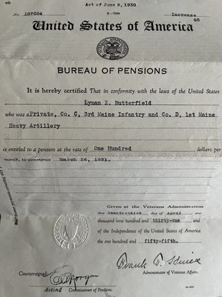 Item #700320 Civil War Pension Papers and Discharge Certificates of the Late Lyman E. Butterfield
