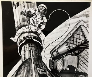 Two B&W Press Photographs of Associated Press Mid-Sixties Illustrations of Gemini 11 United States Astronauts: "Gordon Surveys the Heavens" and "Around the World in Outer Space"