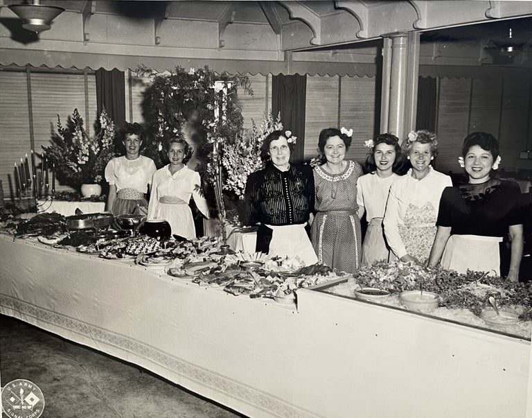 Item #800057 A Grouping of Five 8" x 10" Signal Corps Black & White World War II Era Photos of a Loaded Buffet Table